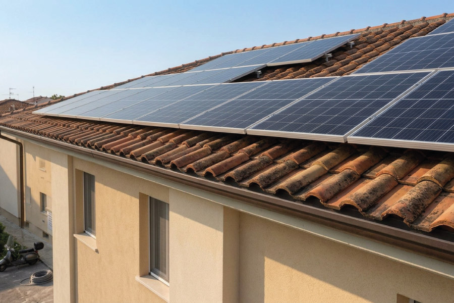 Edificio residenziale con cappotto termico e pannelli fotovoltaici sul tetto