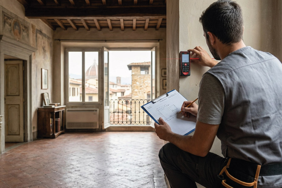 Tecnico che misura un appartamento a Firenze durante una perizia di stima